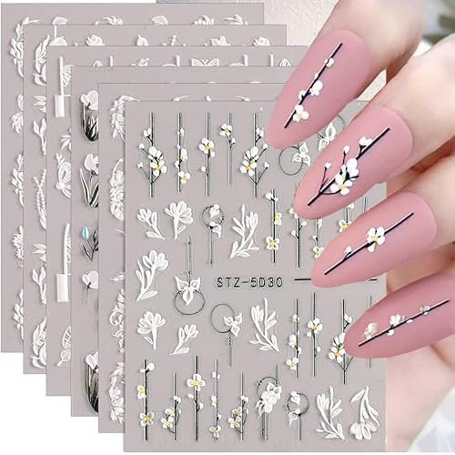 Nail Stickers,6 Sheets 5D Spring Embossed White Lace Flower Butterfly Nail Art Stickers Self Adhesive,Nail Decals Floral Nail Art Design Decoration for Women Girls(White)