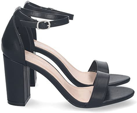 shoes&blues.es 74201 Sandalia de Tacon Alto para Mujer, Comoda, con Pala Fina Simple, Estilo Ankle Strap, y Cierre de Hebilla Negro Talla 40
