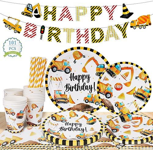 Ticeed 101PCS Vaisselle Anniversaire Thème des Ingénierie Véhicule, Kit Vaisselles Réutilisable Anniversaire Assiette Dîner Papier pour Enfants Party Fête Mariages Baby Shower Noël, 20 Invités