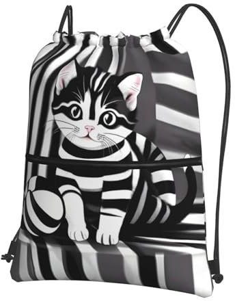 AkosOL Schwarz-weiß gestreiftes Kätzchen, dickes Material, Outdoor, Freizeit, Reißverschluss, Kordelzug, Rucksack, wasserabweisend, große Kapazität, verstellbarer Schultergurt für Sport, Schwarz,