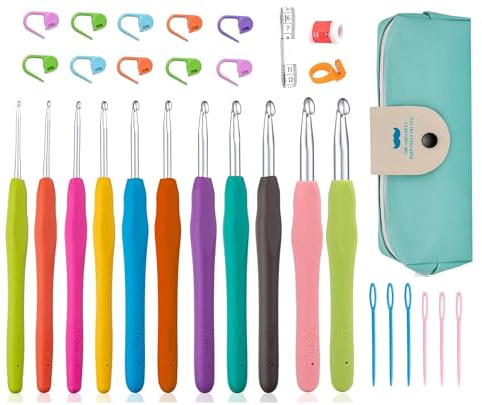 Aiguilles à Crochet Set 30pcs, Ensemble de 11 pcs à Tricoter Avec Poignées Ergonomiques en Caoutchouc à Prise Souple, Kits Pour Adultes Débutants, Cadeau Sœur