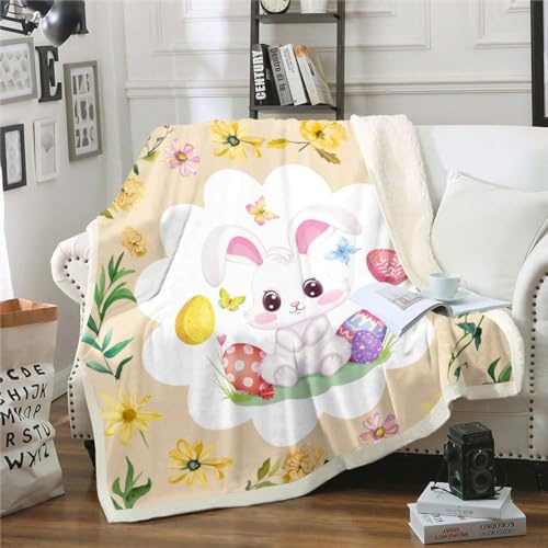 Oster Fleece Decke Osterhase Fuzzy Decke Bunte Oster Buttefly Wurf Decke,Nette Kaninchen Ostereier Frühling Dekor Plüsch Bett Decke Schöne Haustier Tier Sherpa Decke 75x100cm,Gelb