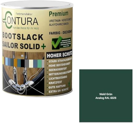 Contura Bootslack Farbig SEIDENMATT Yacht- Buntlack Metall Holz GFK Holzlack Boot Farblos (Wald Grün - RAL 6028 Analog, 500ml.)