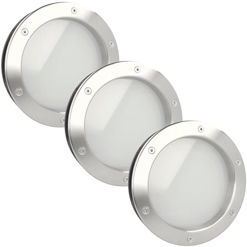 MLS Bullauge B4000, Set mit 3 Stück, für Türen, Rostfreier Edelstahl, VSG-Sicherheitsglas, Passend für 40 mm Starke Türen, Beidseitig Sichtbare Befestigungsschrauben, 250 mm Durchmesser, Mattes Glas