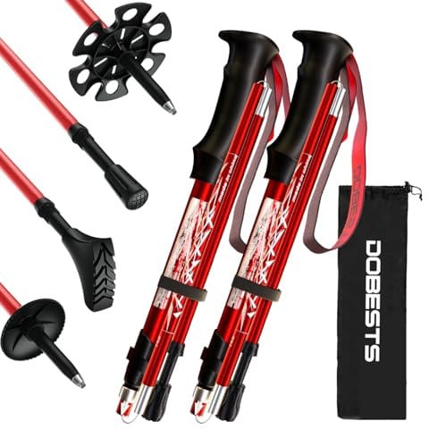 DOBESTS Wanderstöcke, Nordic Walking Stöcke Aluminium & Carbon, mit extra Gummipuffer und Tragebeutel, Faltbare Leichte Trekkingstöcke für Damen und Herren, Wanderstock Verstellbar 110cm-130cm, Rot