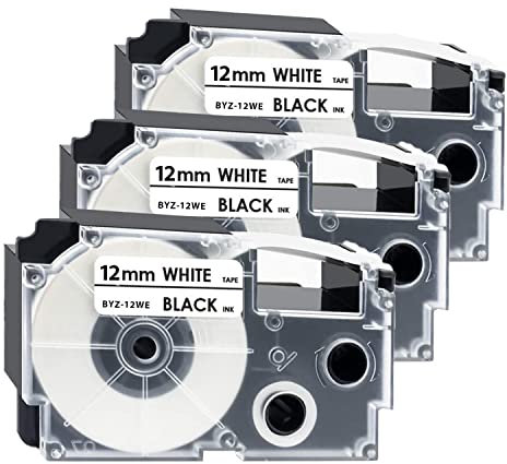 Anjonova 3x Kompatibel Casio XR-12WE1 XR-12WE Schriftband 12mm x 8m, Kassette kompatibel mit Casio EZ Label Printer KL-60 KL-70 KL-100 KL-120 KL-130 KL-200 KL-300 KL-G2 KL-750 KL-820, Schwarz auf Weiß
