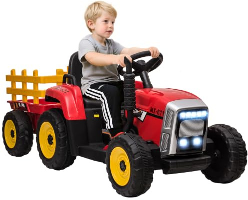 HOMCOM Tracteur Électrique avec Remorque Amovible 12V 3-6 km/h Rouge | Voiture électrique Enfants 3-6 Ans, Télécommande, MP3, Musique, Affichage, Lumières, Ceinture de Sécurité
