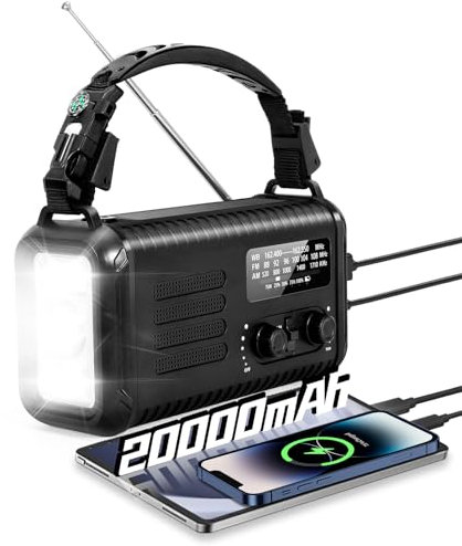 Wind Up Solar Radio, Emergency Crank Radio, 20000mAh Survival Solar Hand Crank Weather Radio with AM/FM, Battery Powered Radio with Cell Phone Charger, Flashlight & SOS for Emergencies/Home