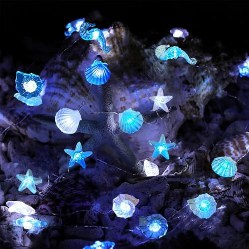 YeahBoom Lichterkette Meerestiere,5M 50LED Thema Meeresleben Lichterkette Batteriebetrieben,Seepferdchen Seestern Wellhornschnecken Muscheln Lichterkette,für Kinderzimmer Party Geburtstagsdeko