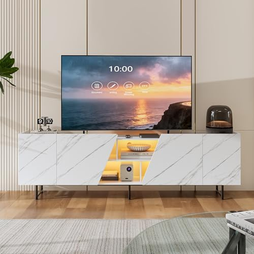 Meuble TV 220 cm avec éclairage LED, Moderne Meuble Télé avec 6 Compartiments et 4 Portes de Effet Marbre Blanc, Banc TV Table pour Salon Chambre à Coucher (Blanc 5, 220 x 34,5 x 67,7 cm)