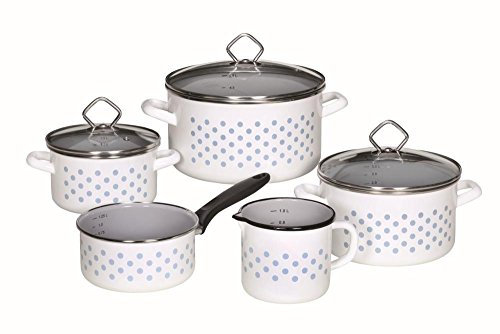 Emaille-Topfset Baltrum, 5- teilig, Weiß mit Grauen Punkten