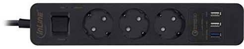InLine 16491S Steckdosenleiste, 3-fach Schutzkontakt, Überspannungsschutz und QuickCharge USB, mit Schalter, 1,5m, schwarz