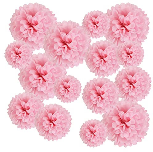 Pompon Papier de Soie Rose Clair Pompom Fleur Decoration Boule Mariage Suspendu pour Noël Wedding Party Anniversaire Baby Shower Fille Baptême Octobre Rose- 15pcs (5pcs 15/20/25cm)