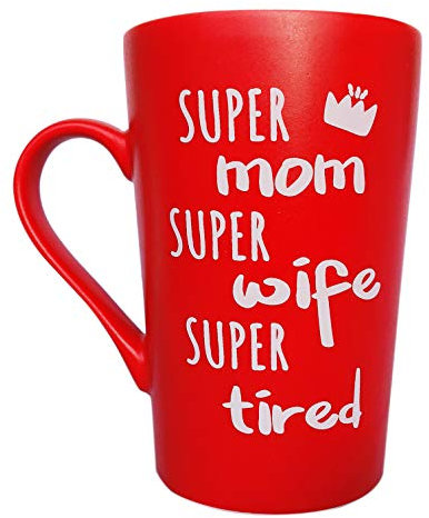 This Mother's Day Gifts Funny Coffee Mug for Mom Wife Christmas Gifts, Super Mom Super Wife Super Tired Cute Present from Daughter Son or Husband Fun Cup Red, 12 Oz