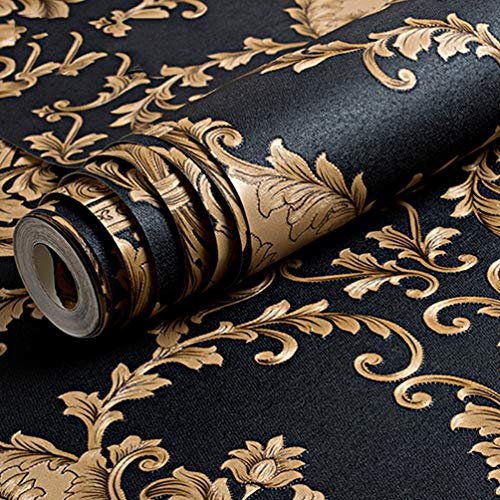 Kesheng Luxuriöse geprägte Tapete, Gold/Schwarz, waschbar, PVC, 3D-Damast-Wandtapete, für Wohnzimmer, Schlafzimmer (100 x 53 cm)