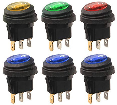 Gebildet 6pcs 12V-24VDC 20A Interruttore a Levetta Impermeabili con Luce a LED, 3Pin ON-OFF SPST, Pulsante Interruttore Rotondo per Auto Barca Camion Elettrodomestici (1xRosso/Giallo/Verde, 3xBlu)