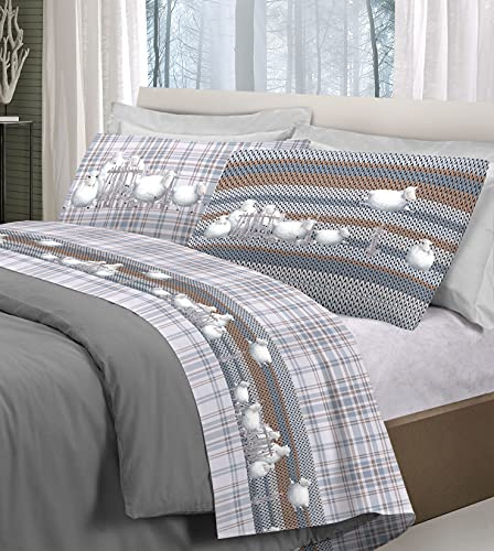 HomeLife Parure de Lit Flanelle 120x190 Coton Made in Italy | Linge de lit Flanelle avec Drap Plat, Drap Housse Flanelle 90x190 avec Coins, 1 Taie Oreiller | Drap Flanelle | Moutons - Gris