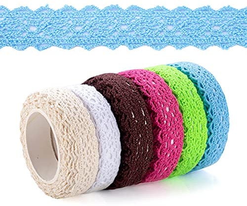 Lot de 6 rouleaux de ruban de dentelle autocollant de couleur beige, blanc, rouge, marron, bleu, vert - Ruban décoratif vintage en dentelle -