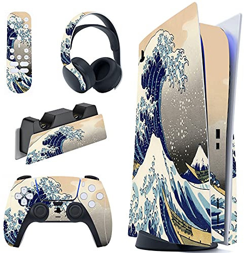 PlayVital Skin für ps5 Konsole Standard Disc Edition,Decal Sticker Aufkleber Vinyl-Skin Schutzfolie Folie für PS5 Konsole,Controller,Ladestation,Headset,Medienfernbedienung-(Große Welle)