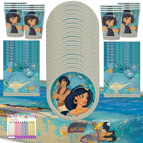 Unique Disney Aladdin Party Supplies Pack Serves 16: 9 Plates Luncheon Napkins Cups and Table Cover with Birthday Candles (Bunde for 16)