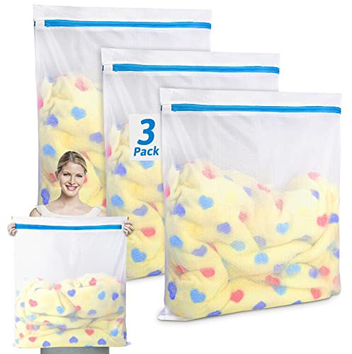 3 Pcs Extra Large Laundry Bag with Zips, XL Mesh Laundry Bags for Washing Machine, Big Net Wash Bag for Travel Travel Storage Organization for Coats, Sweaters, Blankets, Pillows, Plush Toys (24*24)