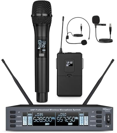 Hiberr UHF Wireless Microphone – 2channel Mic, Auto Scan, 300FT Range, PA Amplifier, Signal Shielding, 8-10H Battery – Ideal for Singers, DJs, Churches & Events (YU-E20).