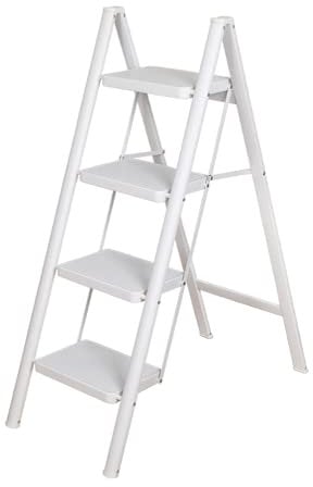 BAOYOUNI Trittleiter 4 Stufen Klappbar Haushaltsleiter Leiter Rutschfeste Stufenleiter 20 cm Breite Stufen Klapptritt Belastbar bis 330lbs, für Küche, Hause, Büro, Garage, DIY-Malerei, Weiß