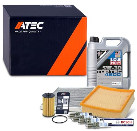 ATEC Germany Inspektionspaket Filterset mit 1x Luftfilter, 1x Innenraumfilter (Aktivkohle), 1x Motoröl 5W-30 Top Tec 4600 5 l, 1x Ölwechselanhänger, 4x Zündkerze Kompatibel mit OPEL CORSA D (S07)