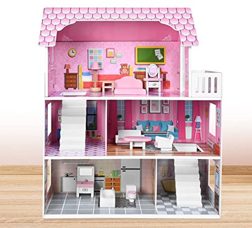 YARDIN Puppenhaus aus Holz, Puppenhaus mit Möbel und Zubehör, Puppen Haus Spielzeug, Holzpuppenhaus 60×23.7×70cm 3 Etagen Dollhouse für Mädchen, Kinder