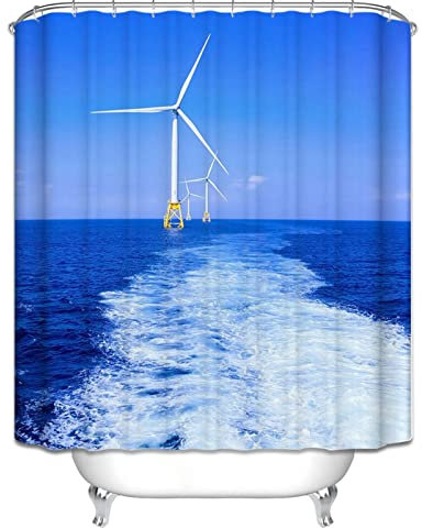 EHOMERY Duschvorhang Stoff Waschbar Duschrollo Nach Maß Ozean-Windmühle Duschvorhanggestell Duschrollo Mit Motiv Polyester Rostfreie Ösen Und 12 Hakenringe, 160X180Cm