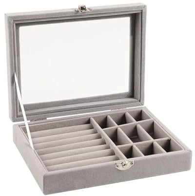 TWINKLE TWINKLE Mother's Day Jewelry Rings Box For Girls Women Jewellery Display Storage Holder Case with Glass Lid Rings Earrings Necklace Bracelets Valentine's Day Gift (Grey Colour)