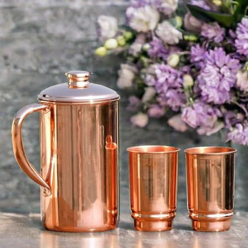 2activelife Copper Water Pitcher With 2 Cups | Pure Jug and Glasses for Drinking and Serving Water in Daily Use (50.7 fl Oz)