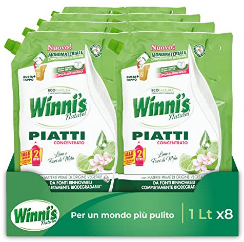 Winni's - Detersivo Piatti e Stoviglie a Mano, Ipoallergenico e Delicato sulla Pelle, Fragranza Lime e Fiori di Mela, Materie Prime di Origine Vegetale, 1000 ml x 8 Confezioni
