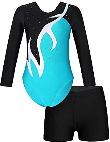 Oyolan Mädchen Turnanzug Glänzende Gymnastikanzug Langarm Ballett Trikot mit Kurz Hose Wettkampf Tanzkostüm T Grün&Schwarz 134-140