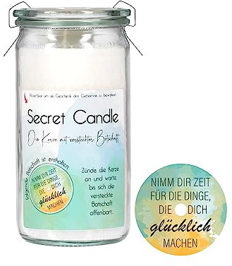 Candle Factory Secret Candle Duftkerzen mit einer versteckten Botschaft, ca. 70h Brennzeit, Duft: Grüner Tee & Minze, Botschaft: Nimm dir Zeit für die Dinge, die dich glücklich machen
