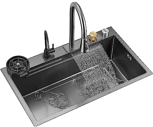 Evier multifonction,evier cascade gris, Évier Cuisine avec Robinet Rétractable, Rince Verre et Planche à Découper Évier en Cascade pour Vaisselle