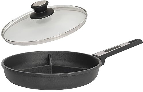 SKK 2-tlg. Gusspfanne Ø 28 cm 3-fach geteilt - Induktion - Aluguss Antihaft Pfanne ideal zum Braten dreierlei Speisen & Deckel - Made in Germany