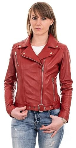 Pelletterie Borghese | Chiodo in Pelle Nero Donna | Biker | Giacca in Pelle | Giubbotto Moto | Cintura | Vera Pelle | Made in Italy | A196C 09 (40, Rosso)