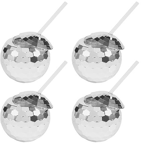 Littlecatch 4 Pack Disco Ball Cups with Lids & 4 Straws Reusable Silver Glitter Party Cups for Hen Nights, Flash Ball Wine Cocktail Tumblers Mirror Bachelorette Barware for Club Bar
