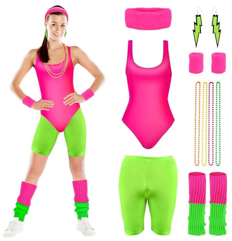 CHMMY 80er Jahre Outfit Damen Sportbekleidung Kostüm - Weste, Kurze Hose, Stirnband, Ohrring, Beinwärmer, Armbänder, Halskette - Sportanzug Für Karneval