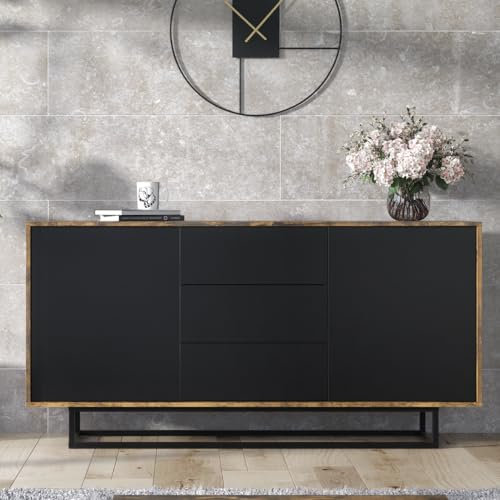 Creative Furniture Sideboard 140cm Industrial Retro Vintage Black Doors Contemporary TV Unit, LFT101