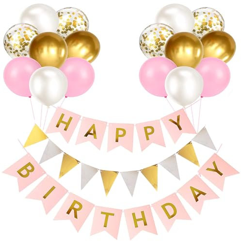 Luftballons Geburtstag Dekoration Set, rosa Gold Geburtstagsdeko Happy Birthday deko Banner Party Deko Geburtstag Set mit Luftballons Konfetti Ballons Dreiecksflaggen Girlanden(rosa+Gd+PT)