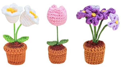 3Pcs Crochet Flowers Handmade Crochet Sunflower Knitted Tulip Rose Flowers for Decorating Rooms, Office, Desktop Ornament, Cars, for Women Girls (B)