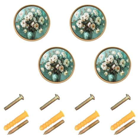 Sevdomey Boutons de placard décoratifs ronds en zinc massif avec roses blanches pour salle de bain, commode, armoire et armoire, 3,8 cm