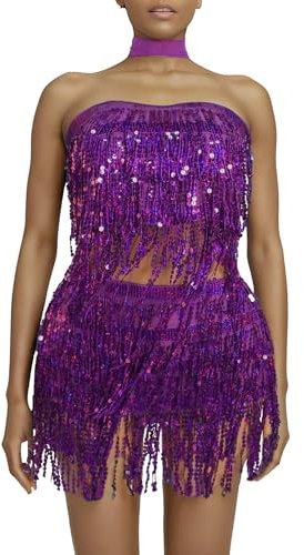 Baisdan 2 gonne con Paillettes e Frange, Gonna Scintillante per Festival per Donne e Ragazze, 2 Pezzi, Viola, Taglia Unica