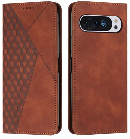 KOUYI compatibile con Google Pixel 9 5G/Google Pixel 9 Pro Custodia per telefono, slot per schede flip in pelle sintetica PU, cavalletto con chiusura magnetica, custodie antiurto (Marrone)