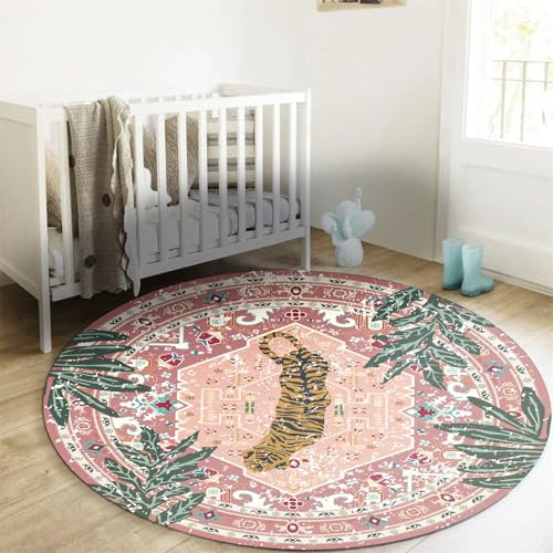 Aldopein Waschbarer rosa Teppich, dünn, orientalisch, Boho, Vintage, niedlich, tropischer Leopardenmuster, 122 cm, rund, für Schlafzimmer, Küche, Esszimmer, Wohnzimmer, Büro, Eingangsbereich,