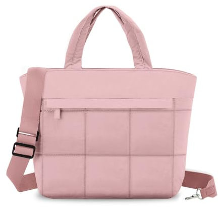VASCHY Petit Cabas Femme, Léger Multi-poches Sac Bandoulière Femme Matelassé 12,9 Pouces Sac Fourre Tout Sac a Main Tote Bag Fille avec Bandoulière Amovible pour Travail Sport Voyage Rose
