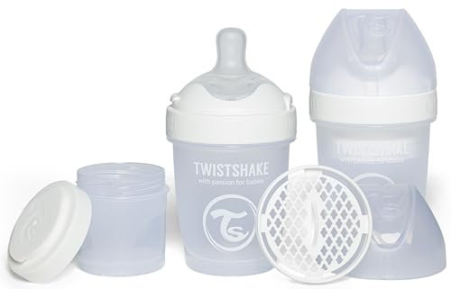 Twistshake 2x Pro Double Anti-Kolik Babyflasche mit Milchpulverbehälter und Mixer - 180 ml | Langsam Fließende, Brustähnliche Brustwarze aus Silikon | BPA-freie | Geeignet für Neugeborene (0+) | Weiß