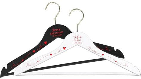 LAUBLUST Kleiderbügel Hochzeit Personalisiert - Personalisierter Bügel aus Holz für Braut & Bräutigam als Hochzeit-Deko | Willich in Rot - Weiß/Schwarz, 2er Set | Personalisiertes Hochzeitsgeschenk